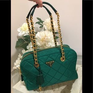 Authentic Prada Tessuto emerald shoulder bag in gold tone hardwares